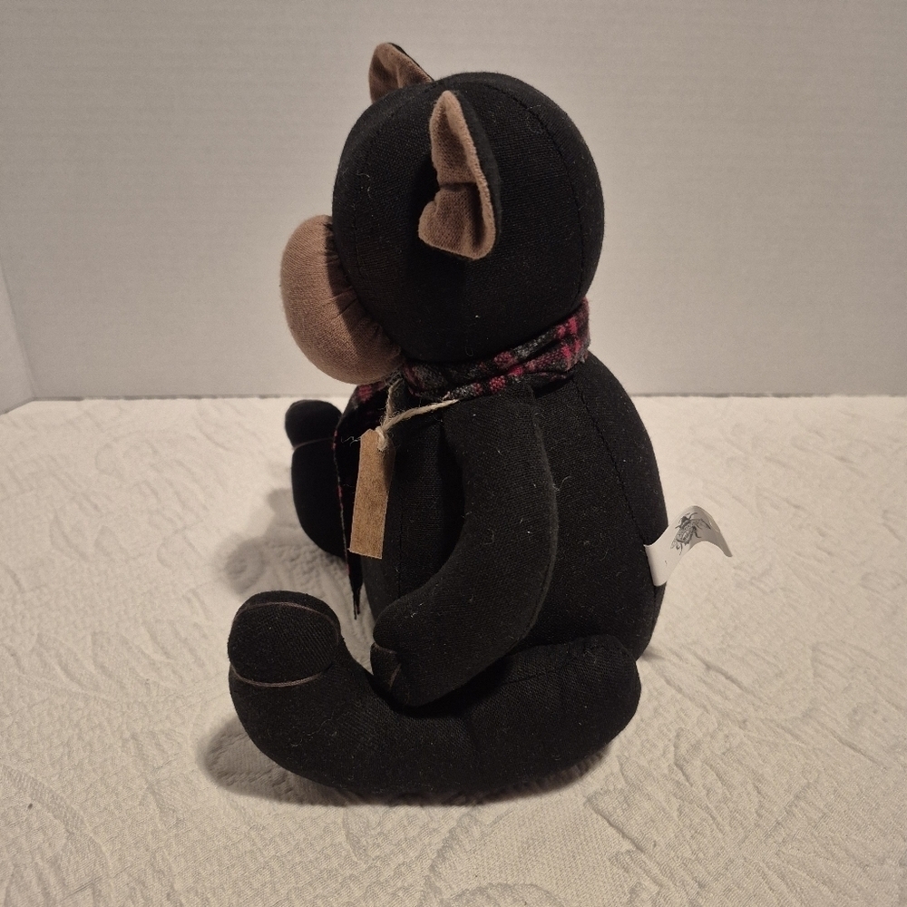 Honey & Me Inc black Nico bear with plaid scarf, handmade NEW - Picture 4 of 9